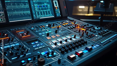 Close Up View of a Dark Gray Audio Mixing Console with Illuminated Buttons and Knobs