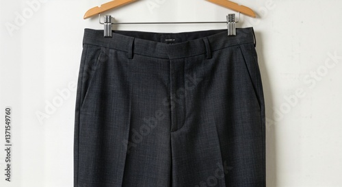 Dark gray wool trousers neatly presented on hanger simple elegant style subtle
