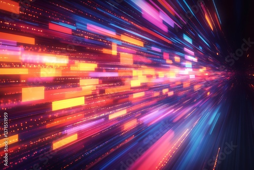 Vibrant pixel streaks with motion blur, arranged in a dynamic, abstract composition. The streaks pulse with energy, shifting colors and patterns as they move across a dark, minimalist background