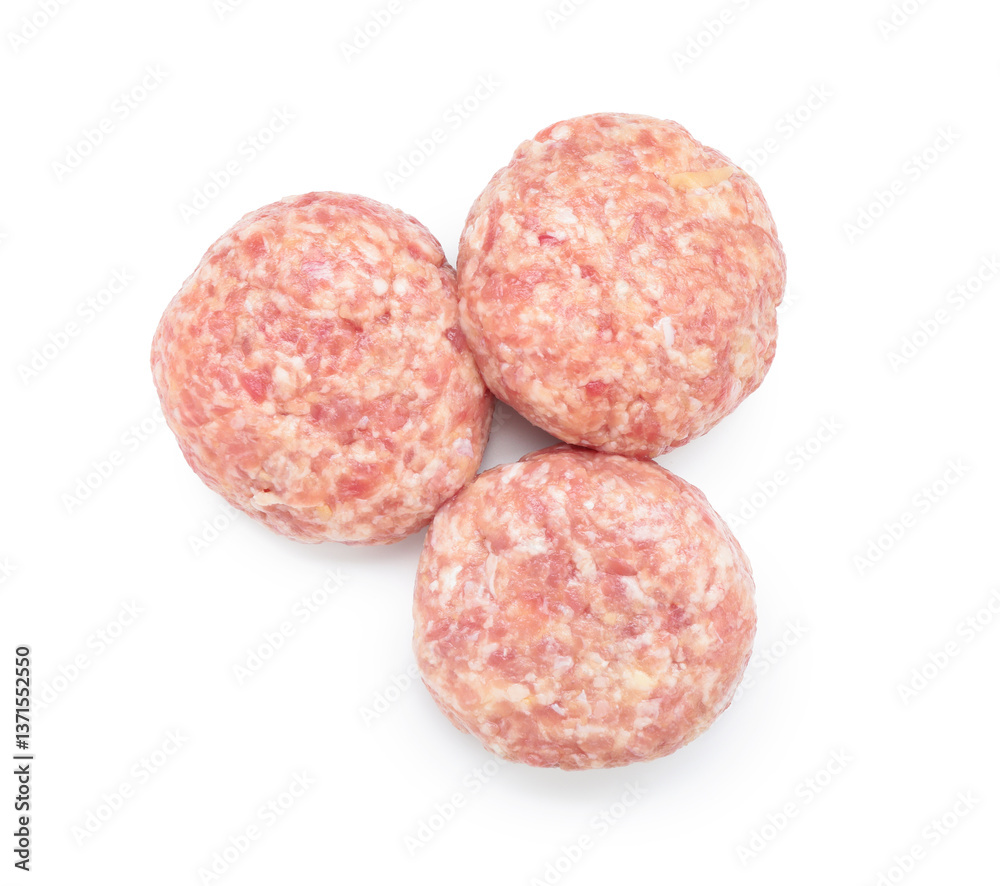 Three uncooked fresh patties isolated on white, top view Three uncooked fresh patties isolated on white, top view
