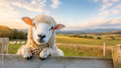 Cute lamb peeking over fence