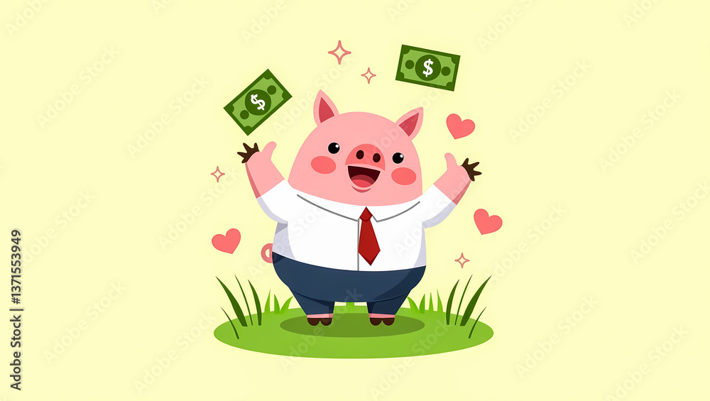 Naklejka premium happy pig in business attire playfully tossing dollar bills in the air
