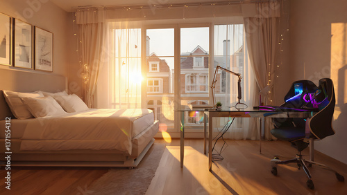 A peaceful bedroom with rays of sunshine illuminating the room