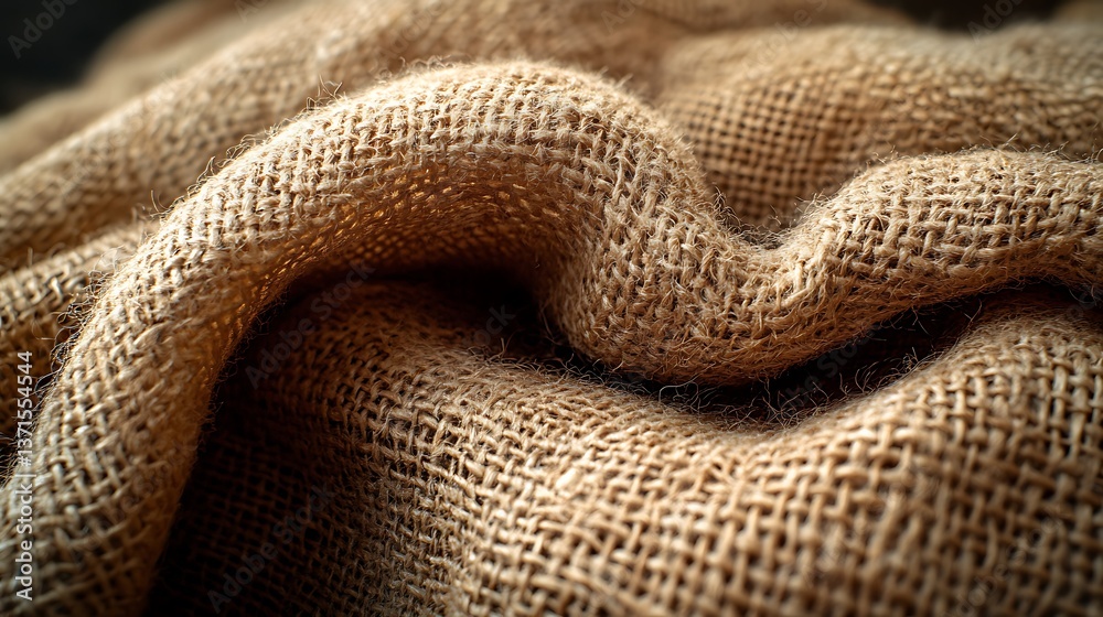 Close-up view of draped tan burlap fabric featuring visible textures and light creating a warm and inviting tone. Close-up view of draped tan burlap fabric featuring visible textures and light creating a warm and inviting tone.