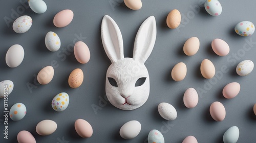 Bunny mask surrounded by pastel eggs on a solid gray background