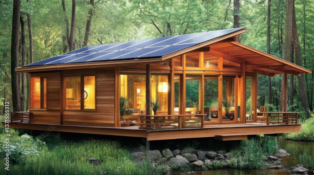 A modern cabin with solar panels sits by a tranquil forest lake A modern cabin with solar panels sits by a tranquil forest lake