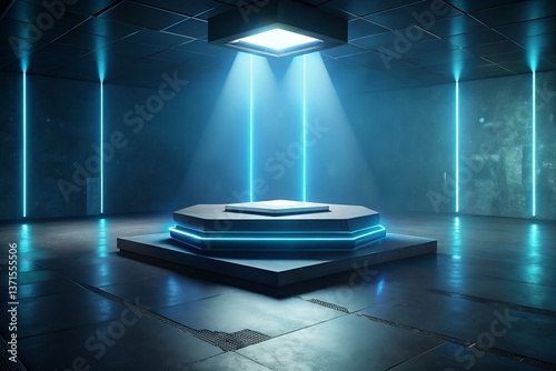 A futuristic pedestal bathed in ethereal blue neon light, a stage for the unveiling of a technological marvel in a sleek, dark, industrial setting.