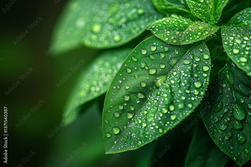 Fototapeta premium Macro view of vibrant green leaves with water droplets after rain