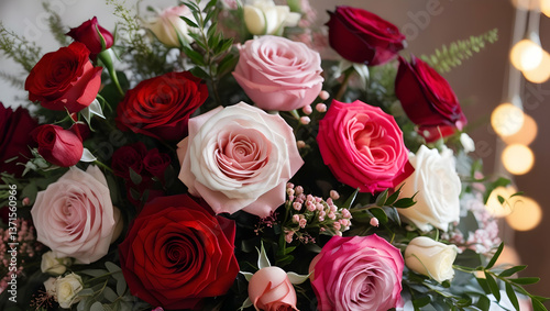 Romantic Red Pink Roses Bouquet Lush Blooms Elegant Arrangement