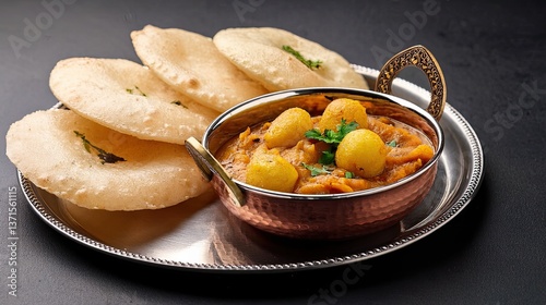 neatly arranged puri with aloo sabzi on a steel plate, traditional indian food, indian breakfast or lunch meal, puri bhaji served on metal plate, simple homemade indian meal