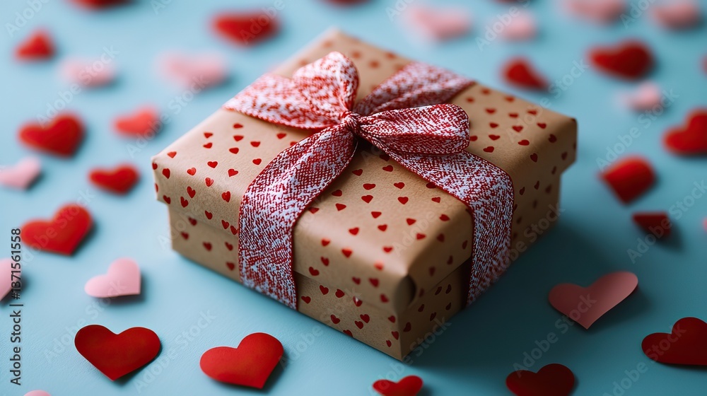A small wrapped gift box with red and white ribbon is surrounded by red and pink paper hearts, creating a romantic vibe on a pastel blue backdrop. A small wrapped gift box with red and white ribbon is surrounded by red and pink paper hearts, creating a romantic vibe on a pastel blue backdrop.