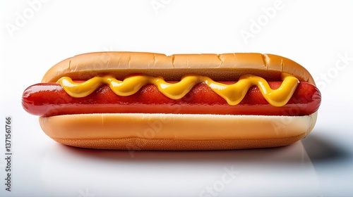 A single hot dog with mustard and ketchup on top, placed simply for a clean look. Classic fast food snack, ideal for menus, advertisements, packaging, or food-related design projects