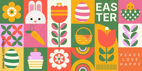 geometric illustration easter day concept, background abstract design, seamless pattern design, rabbit character, flower and natural