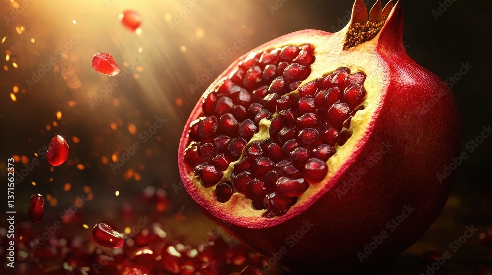Vibrant and Juicy Pomegranate Half with Glowing Seeds and Sparkling Background Vibrant and Juicy Pomegranate Half with Glowing Seeds and Sparkling Background
