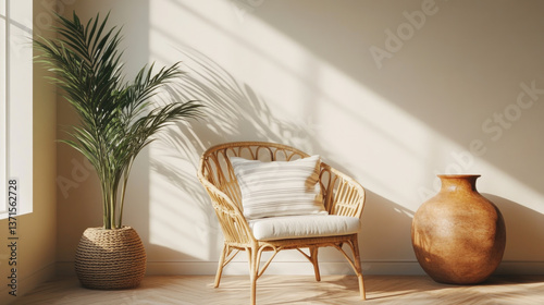 Sunlit Minimal Interior with Rattan Chair and Tropical Plant
