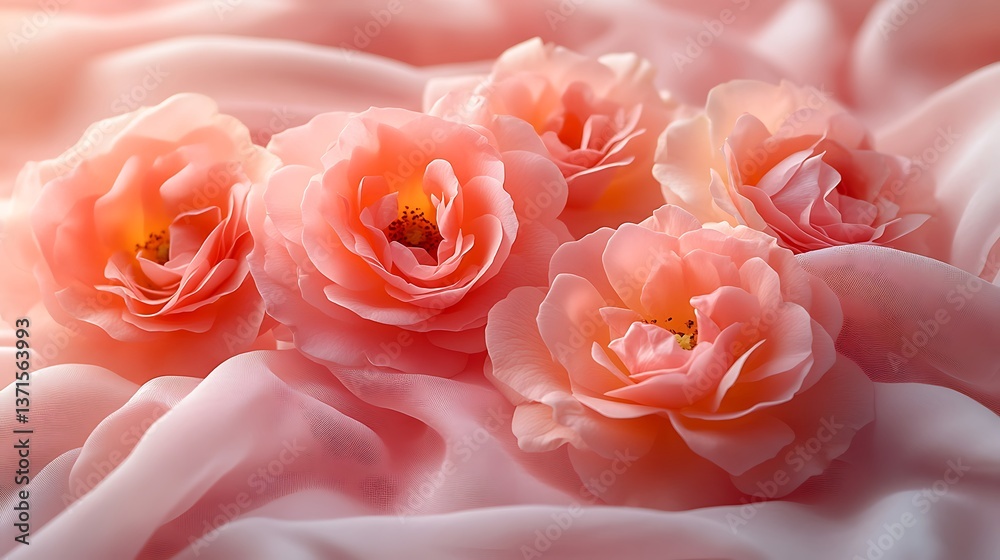 Elegant Arrangement: Soft Peach Roses Resting on Flowing Silk Fabric Creates a Beautiful and Delicate Aesthetic.