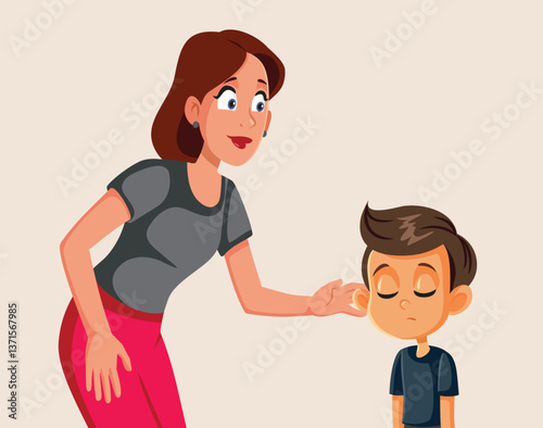 Mom Calms Her Son by Offering Comfort Vector Illustration. Boy being upset needs empathy and care from his mom 
  
