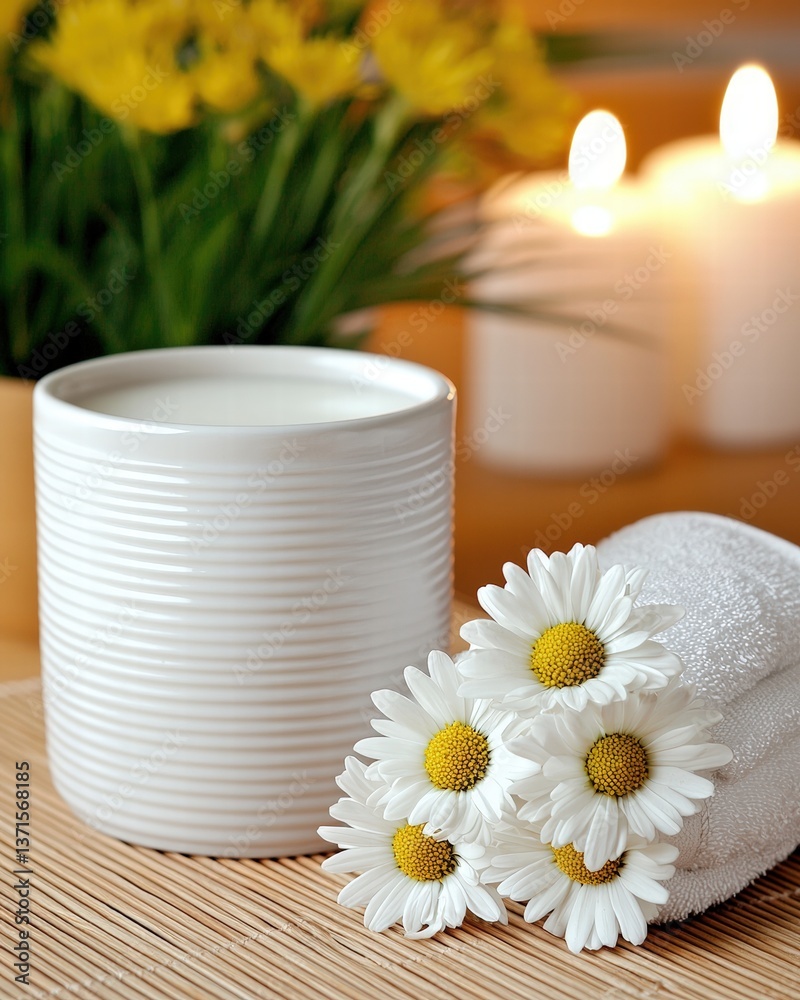Soft white towel draped elegantly with delicate flowers on a serene bathroom countertop Soft white towel draped elegantly with delicate flowers on a serene bathroom countertop