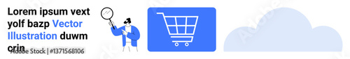Cart icon signifies online shopping, paired with a magnifying glass representing research and cloud for storage or tech. Ideal for e-commerce, technology, shopping trends, research, innovation