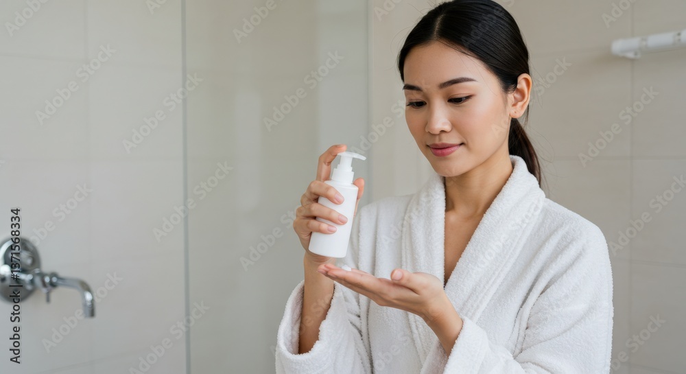 Young Asian Woman in White Bathrobe Applying Skincare Product in Modern Bathroom Setting for Daily Skincare Routine and Self-Care Practices Young Asian Woman in White Bathrobe Applying Skincare Product in Modern Bathroom Setting for Daily Skincare Routine and Self-Care Practices