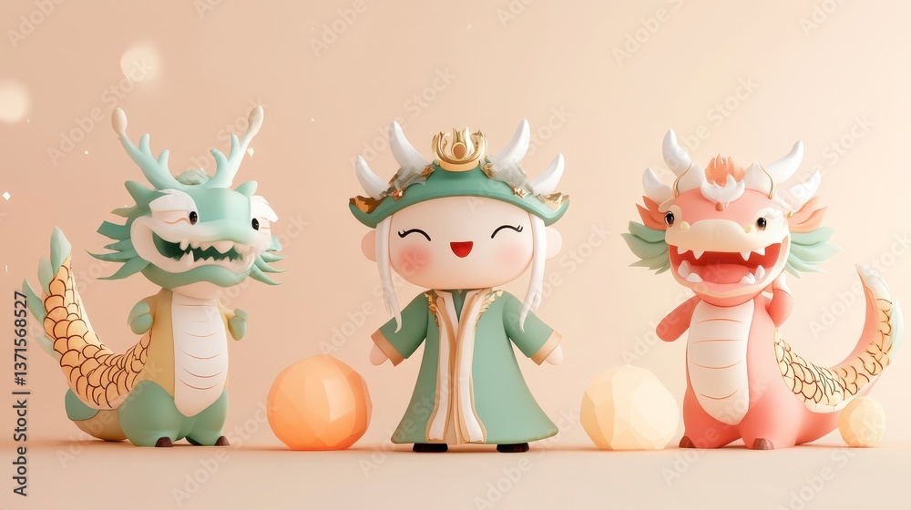 Obraz premium Joyful Child with Pastel Dragons in 3D Render