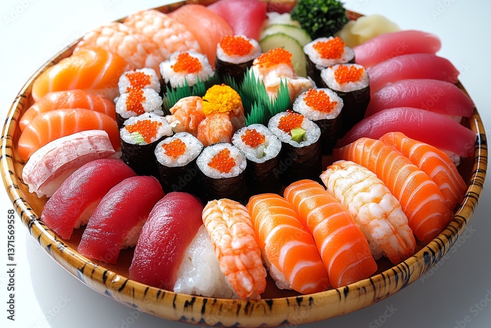 Round sushi platter with colorful variety of rolls on dark background Round sushi platter with colorful variety of rolls on dark background