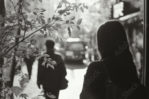 Black and white photo of people walking in street with dramatic contrast