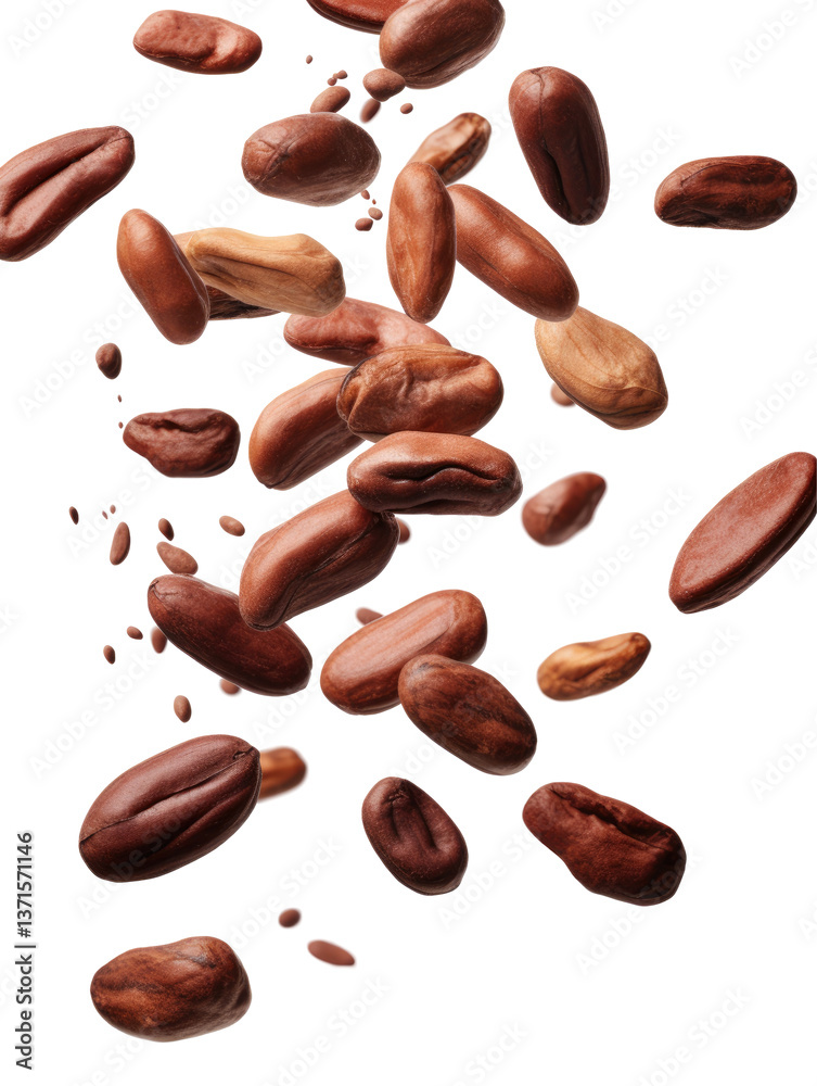 Obraz premium Flying Cocoa Beans on transparent background