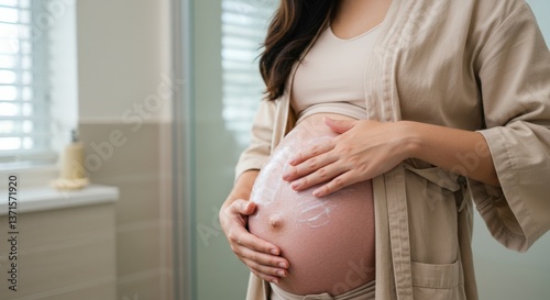 Free Download Pregnant Woman Gently Applying Moisturizer on her Baby Bump in a Brightly Lit Bathroom, Emphasizing Maternal Care and Wellness During Pregnancy - GFXLoad