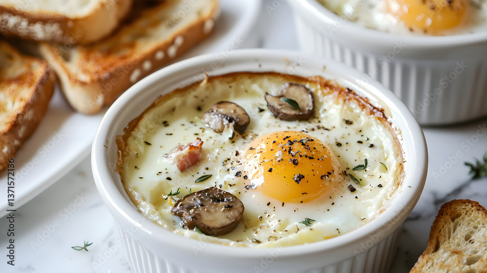 Baked Eggs in Ramekins with Mushrooms and Toasted Bread Slices Baked Eggs in Ramekins with Mushrooms and Toasted Bread Slices