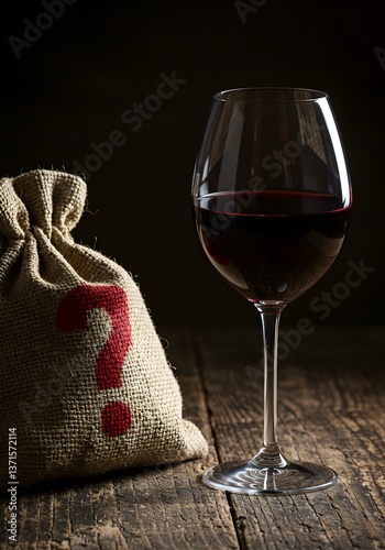 a glass of red wine on a rustic wooden table next to a burlap sack with a red question mark painted, wallpaper, A glass of red wine next to a burlap with a question mark, symbolizing mystery or choice