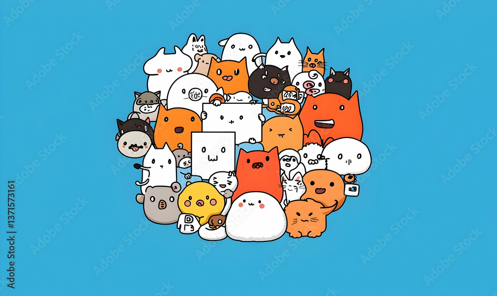 Fototapeta premium Cute Cartoon Animals and Characters on Bright Blue Background