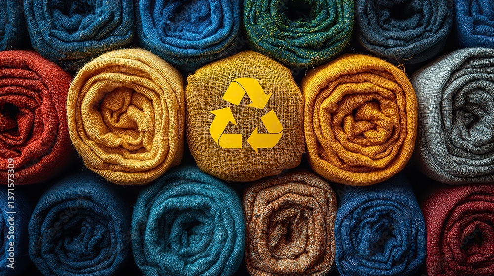 Fototapeta premium A vibrant yellow recycling symbol hovers over a diverse stack of rolled garments, representing sustainable fashion and textile reuse.