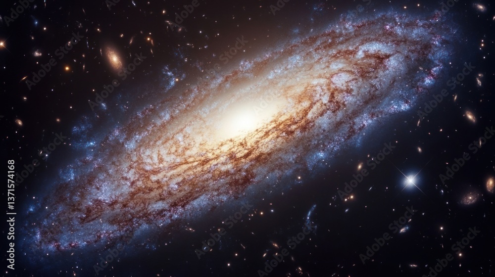 Fototapeta premium dwarf galaxy orbiting a larger galaxy with distinct star clusters and visible cosmic dust traces