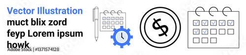 Calendar with marked dates, gear icon for time and task management, dollar sign for budgeting. Ideal for business planning, time tracking, financial planning, organization, productivity, scheduling