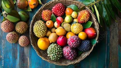 Fototapeta Naklejka Na Ścianę i Meble -  Exotic Thai fruits displayed in a traditional woven basket on a wooden table 