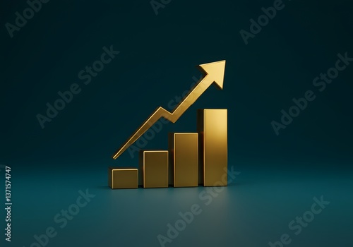 Progression chart displays growth through upward trend in a minimalistic setting, 3d render, gold bar graph with upward arrow, dark teal background, 