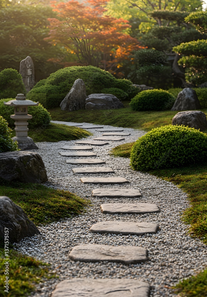 Serenity in a Japanese Zen garden with stepping stones and lush greenery at sunset ,surrounded by meticulously manicured shrubs and rocks, a zen garden path, stepping stones on gravel, Serenity in a Japanese Zen garden with stepping stones and lush greenery at sunset ,surrounded by meticulously manicured shrubs and rocks, a zen garden path, stepping stones on gravel,