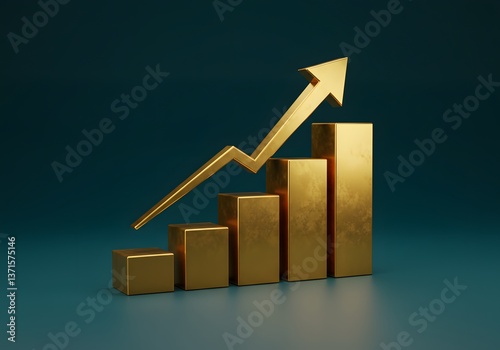 Progression chart displays growth through upward trend in a minimalistic setting, 3d render, gold bar graph with upward arrow, dark teal background, 
