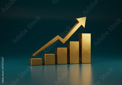Progression chart displays growth through upward trend in a minimalistic setting, 3d render, gold bar graph with upward arrow, dark teal background, 
