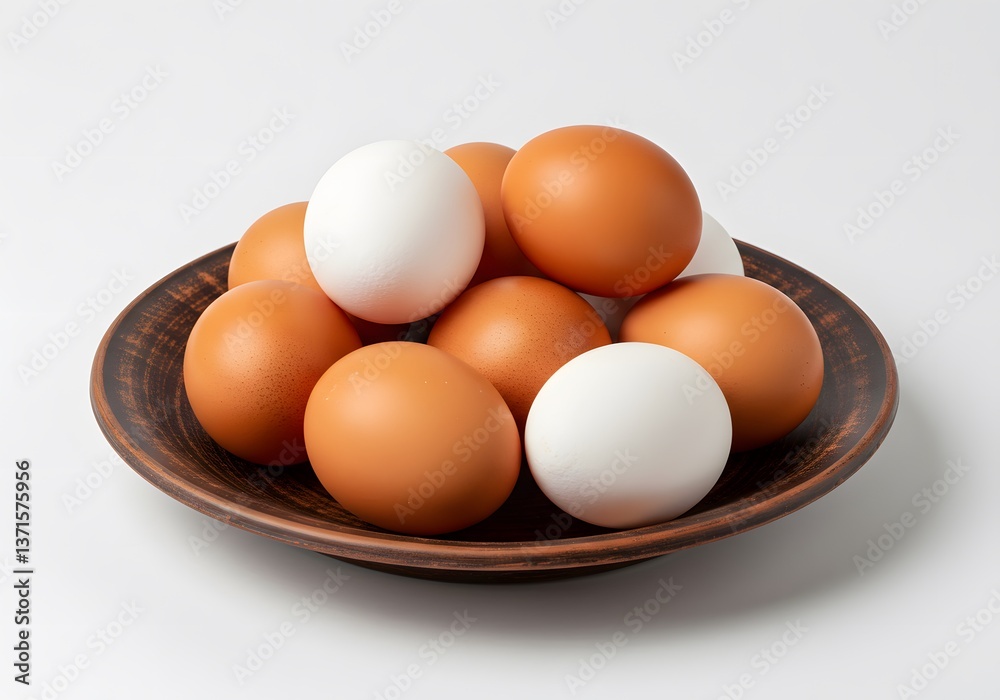 several eggs on a wooden plate, a white table and a white background several eggs on a wooden plate, a white table and a white background