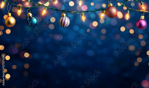Decorative Christmas Ornaments and Fairy Lights Background Image