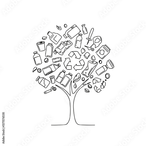 Tree with different types of recyclable waste instead of leaves