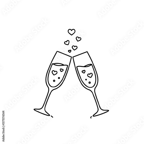 Romantic glasses clinking with hearts in a minimalist style  