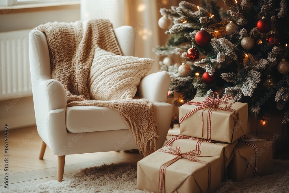 Obraz premium Cozy christmas setting with gifts armchair and decorated tree