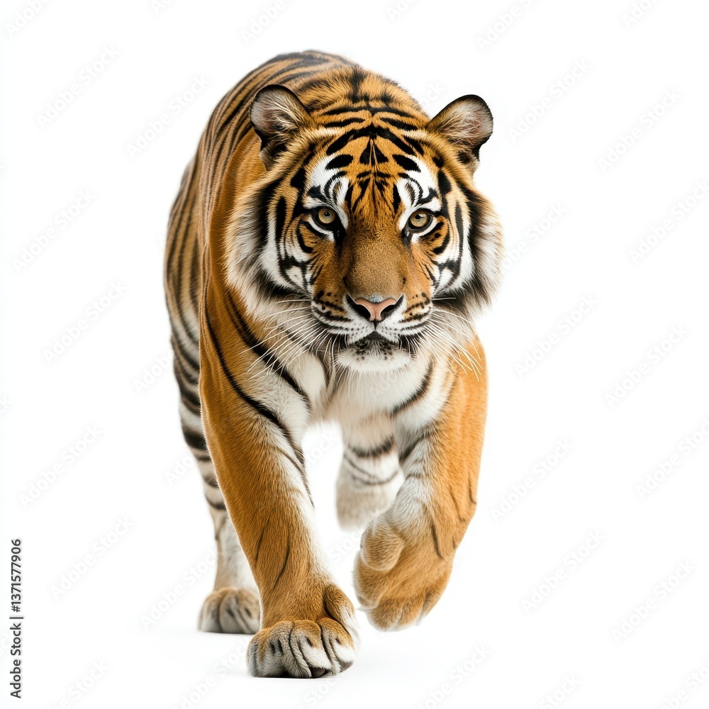 Naklejka premium Majestic Tiger Walking Gracefully in Studio Over White Background