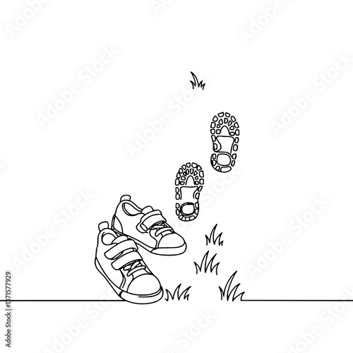 Child's sneakers with footprints on grassy background  