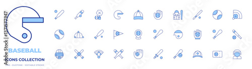 Baseball icons collection. Line Duotone style, editable stroke. baseball bat, catcher mask, baseball, field, location, baseball glove, baseball player, helmet