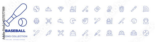 Baseball icons collection. Thin Line icons, editable stroke. catcher mask, field, baseball, baseball cap, baseball player, baseball bag, baseball bat