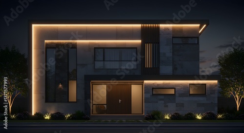 Modern residence with minimalist architecture illuminated at night with soft glow photo